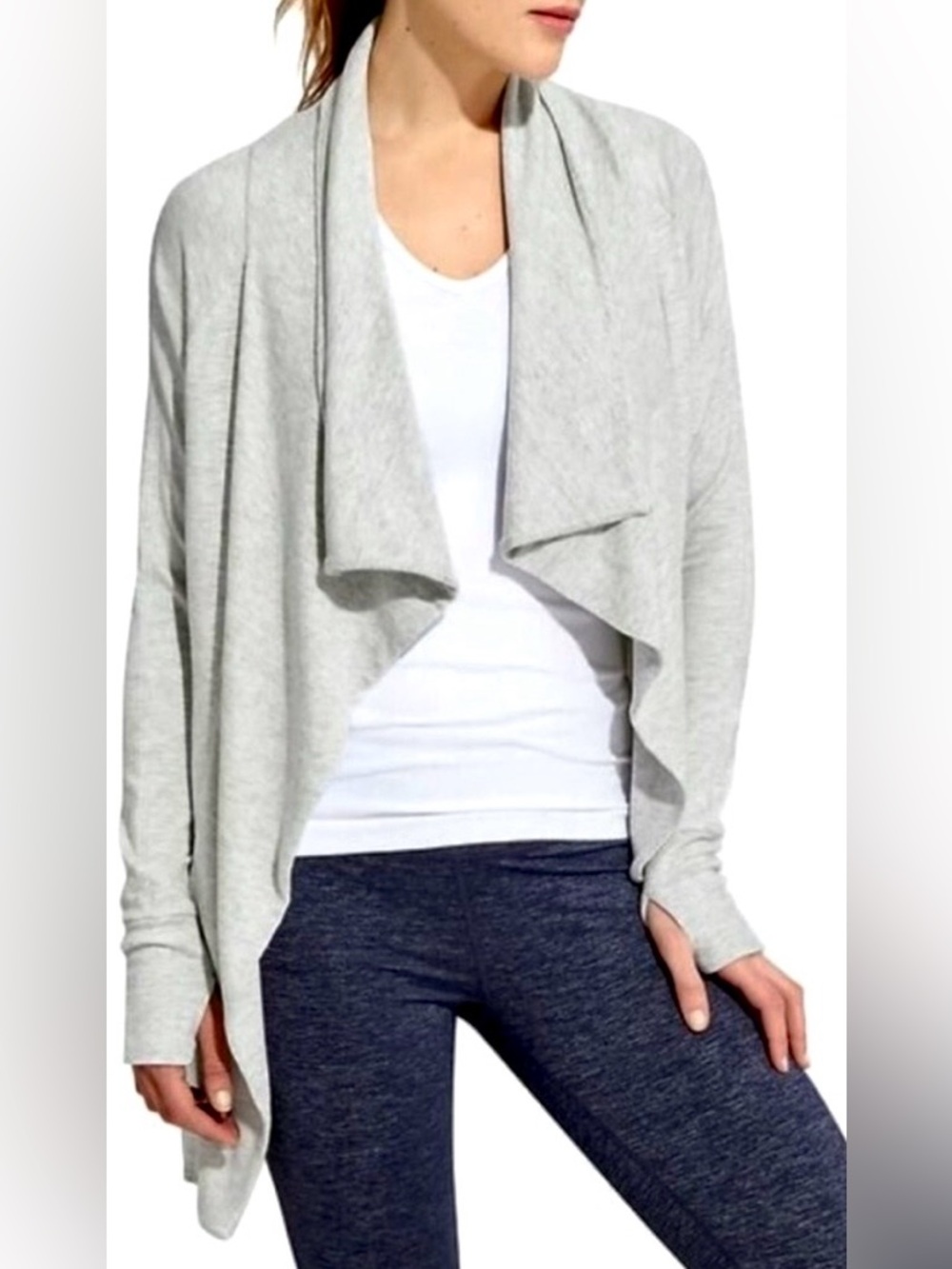 Athleta Gray Studio Wrap Cardigan Asymmetric Waterfall Pockets Thumbholes XS